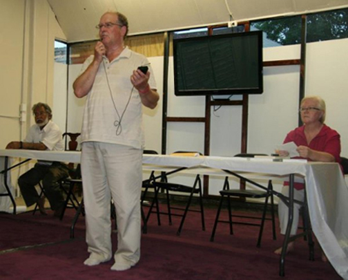 Steve Downs, as MC with Shamshad Ahmad and Catherine Callan, 8th anniversary commemoration of the arrests of Yassin Aref and Mohammed Hossain, held at the Masjid As-Salam mosque , photo by Jeanne Finley