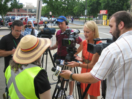 Lynne Jackson speaks to the media